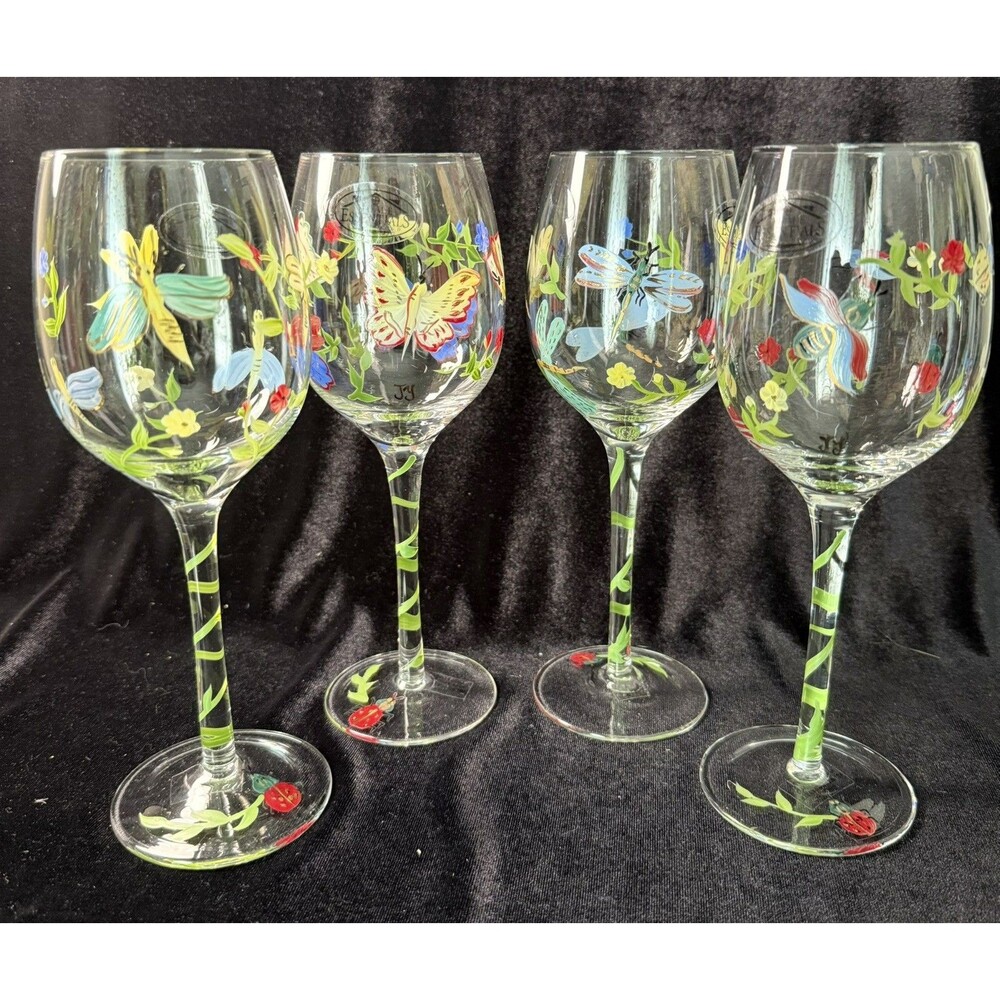 Butterflies WINE STEM GLASSES Blue Yellow Ladybugs Dragonfly HAND PAINTED